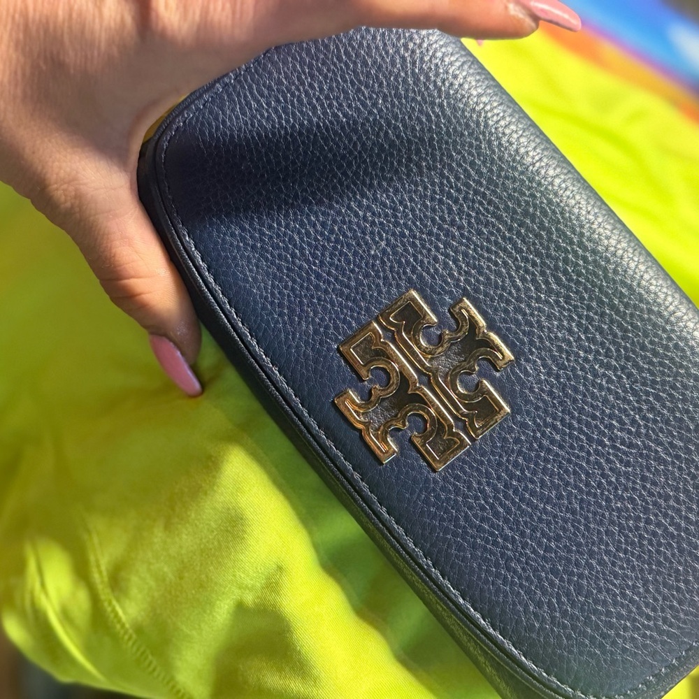 Tory Burch Dark Blue Leather Clutch with Gold Emblem